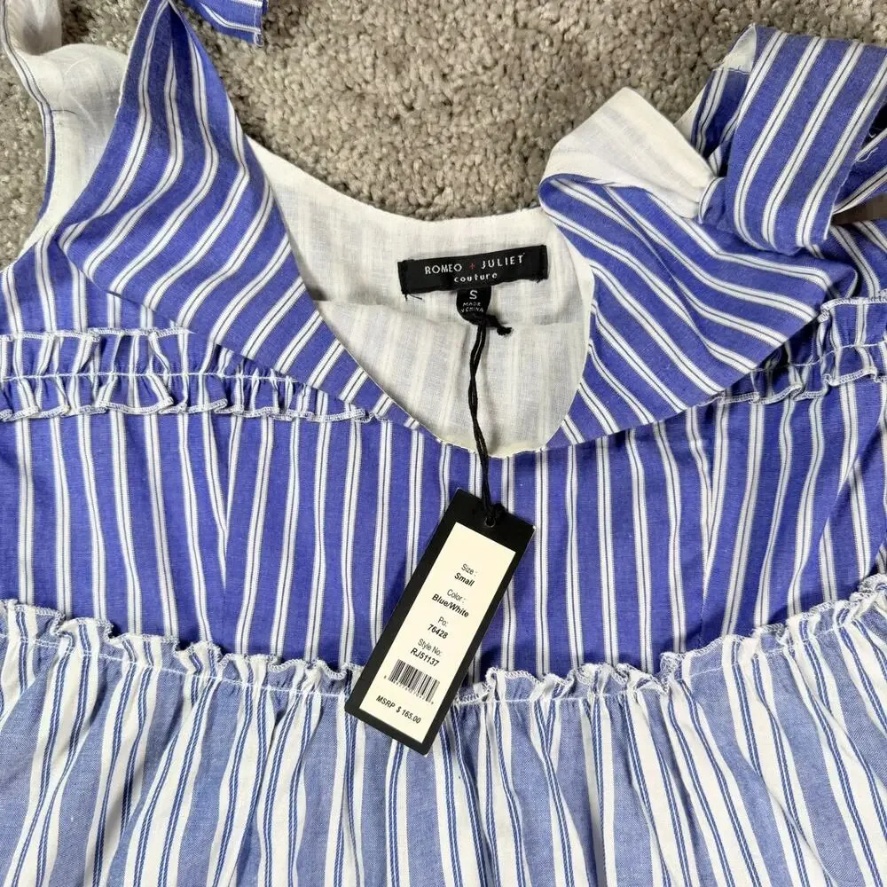 NWT Romeo & Juliet Couture Stripe Scoop Neck Tiered Dress Sz S Blue & White $165